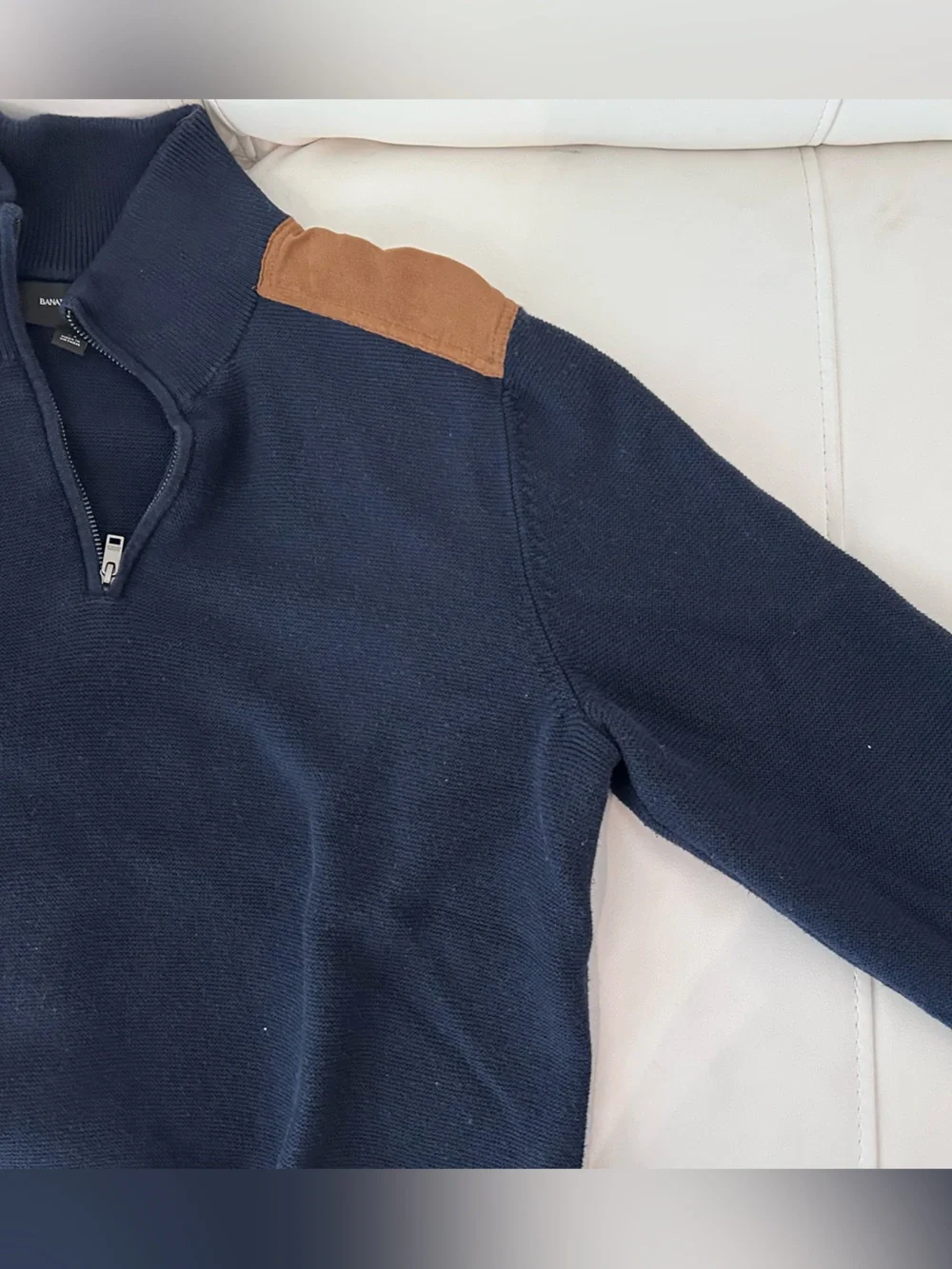 Banana Republic Navy Half-Zip Sweater with Brown Suede Shoulder Patches